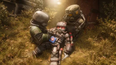 Two armored STALCRAFT: X characters assist a wounded character in a forest clearing