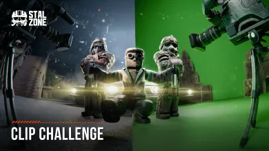 Three STALZONE characters pose between camera rigs, with a seated figure in the center.