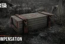 A weathered compensation crate sits in a bleak rocky landscape beneath STALZONE branding, with “COMPENSATION” visible at the bottom.