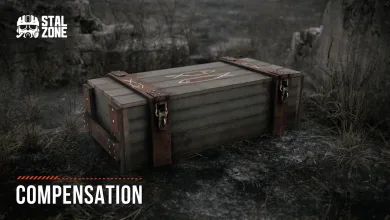 A weathered compensation crate sits in a bleak rocky landscape beneath STALZONE branding, with “COMPENSATION” visible at the bottom.