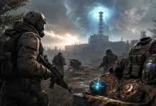 Armored fighters move toward an abandoned industrial complex beneath a blue anomaly, with glowing artifact-like objects in the foreground.