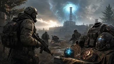 Armored fighters move toward an abandoned industrial complex beneath a blue anomaly, with glowing artifact-like objects in the foreground.