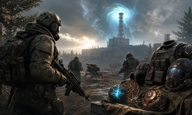 Armored fighters move toward an abandoned industrial complex beneath a blue anomaly, with glowing artifact-like objects in the foreground.
