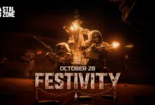 Armed figures stand in a warmly lit industrial arena above the words “October 28” and “Festivity.”