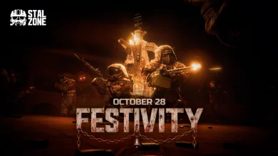 Armed figures stand in a warmly lit industrial arena above the words “October 28” and “Festivity.”