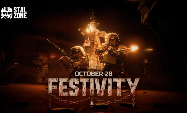 Armed figures stand in a warmly lit industrial arena above the words “October 28” and “Festivity.”