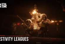 Armed figures stand in a dark, warmly lit arena beneath the words “Festivity Leagues.”