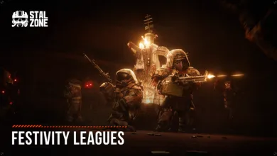 Armed figures stand in a dark, warmly lit arena beneath the words “Festivity Leagues.”
