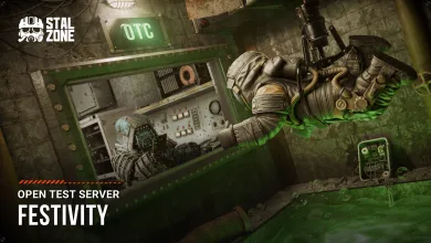 An armored figure reaches toward a control panel in a green-lit industrial setting beneath the Festivity Open Test Server title.