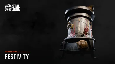An ornate cylindrical structure with small figures stands against a dark background beneath the word “Festivity.”