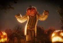A pumpkin-headed figure stands between glowing pumpkins in a dark autumn scene.