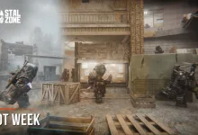 Armored STALCRAFT: X characters move through a ruined compound with crates beneath the Hot Week title.