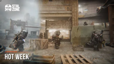 Armored STALCRAFT: X characters move through a ruined compound with crates beneath the Hot Week title.