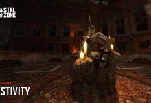 A candle-lit figure sits on an ornate stump in a shadowy brick arena in STALCRAFT: X.