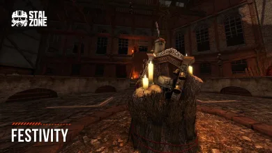 A candle-lit figure sits on an ornate stump in a shadowy brick arena in STALCRAFT: X.