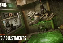 Armored STALCRAFT: X character in a green-lit industrial chamber beside the words “OTS Adjustments.”