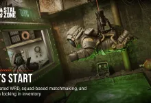 An armored character floats beside a control panel in a green-lit industrial room.