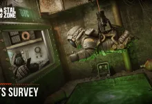 A suited figure floats above a green pool beside industrial machinery in the OTS survey artwork.
