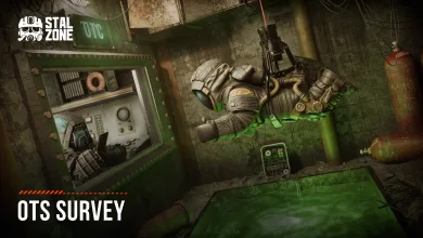 A suited figure floats above a green pool beside industrial machinery in the OTS survey artwork.