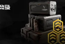 Stacked supply crates beside yellow season progression emblems for the STALCRAFT: X Season Pack.
