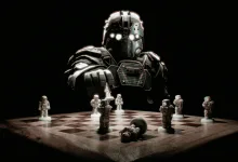 A towering armored figure moves a piece over a chessboard populated by miniature soldiers, with one figure fallen.
