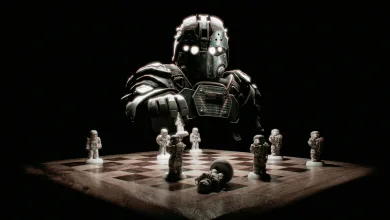 A towering armored figure moves a piece over a chessboard populated by miniature soldiers, with one figure fallen.