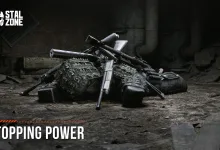 Firearms and combat gear lie on a concrete floor beneath the words “Stopping Power” in a STALCRAFT: X scene.