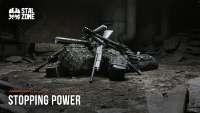 Firearms and combat gear lie on a concrete floor beneath the words “Stopping Power” in a STALCRAFT: X scene.