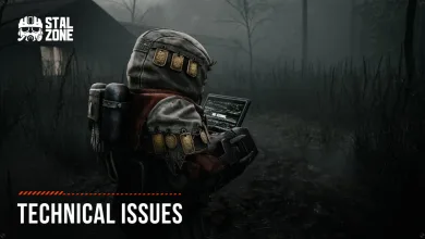An armored STALZONE figure checks a laptop in a foggy landscape beneath the words “Technical Issues.”
