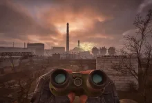 First-person view of binoculars held toward an industrial complex in the Zone at sunset in S.T.A.L.K.E.R. 2: Heart of Chornobyl.