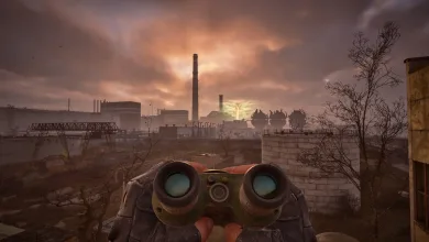 First-person view of binoculars held toward an industrial complex in the Zone at sunset in S.T.A.L.K.E.R. 2: Heart of Chornobyl.