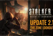 A hooded stalker looks across the Zone at sunset beside the S.T.A.L.K.E.R. 2: Heart of Chornobyl Update 2.1 title.