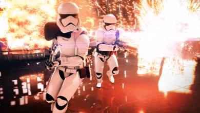 Two stormtroopers advance through a corridor amid bright sparks and explosions.