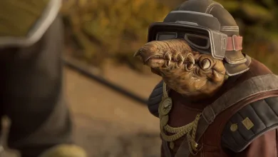 A close-up of a tusked alien racer wearing dark flight goggles and brown racing gear in Star Wars: Galactic Racer.