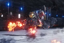 A racing vehicle flips through smoke and flames on a track in STAR WARS: Galactic Racer.