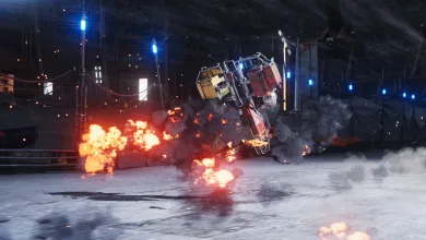 A racing vehicle flips through smoke and flames on a track in STAR WARS: Galactic Racer.