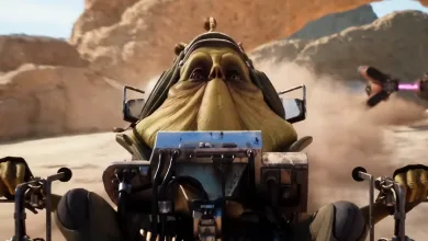 A Star Wars: Galactic Racer vehicle speeds through a desert canyon with another racer visible in the background.