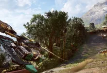A futuristic racing craft speeds along a wooded track in a Star Wars: Galactic Racer scene, with the Official PlayStation Podcast mark in the corner.
