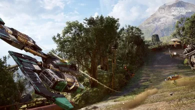 A futuristic racing craft speeds along a wooded track in a Star Wars: Galactic Racer scene, with the Official PlayStation Podcast mark in the corner.