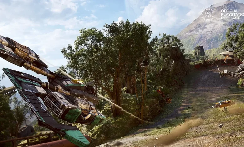 A futuristic racing craft speeds along a wooded track in a Star Wars: Galactic Racer scene, with the Official PlayStation Podcast mark in the corner.