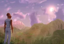 A character looks across a mountainous landscape beneath a pink and purple sky.