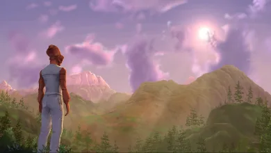 A character looks across a mountainous landscape beneath a pink and purple sky.