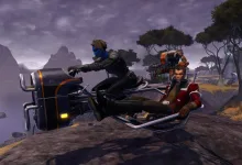 Two STAR WARS: The Old Republic characters ride together on a two-seat speeder across an alien landscape.