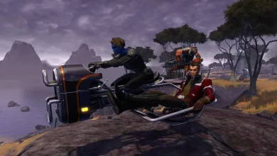 Two STAR WARS: The Old Republic characters ride together on a two-seat speeder across an alien landscape.