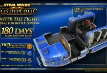 Star Wars: The Old Republic bundle graphic showing a blue GDU CS Droid Carrier mount and listing 180 subscription days.