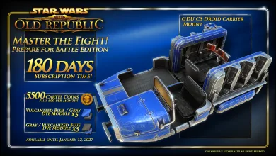 Star Wars: The Old Republic bundle graphic showing a blue GDU CS Droid Carrier mount and listing 180 subscription days.