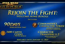 A blue Star Wars: The Old Republic bundle graphic listing 90 days of subscription time, 2,400 Cartel Coins, a Commander's Character Token, and two character transfers.