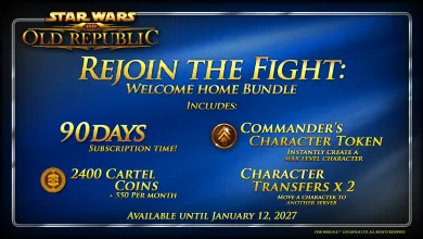A blue Star Wars: The Old Republic bundle graphic listing 90 days of subscription time, 2,400 Cartel Coins, a Commander's Character Token, and two character transfers.