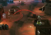 A Star Wars Zero Company soldier stands on a platform while targeting droids in a tactical battle.