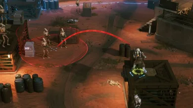 A Star Wars Zero Company soldier stands on a platform while targeting droids in a tactical battle.